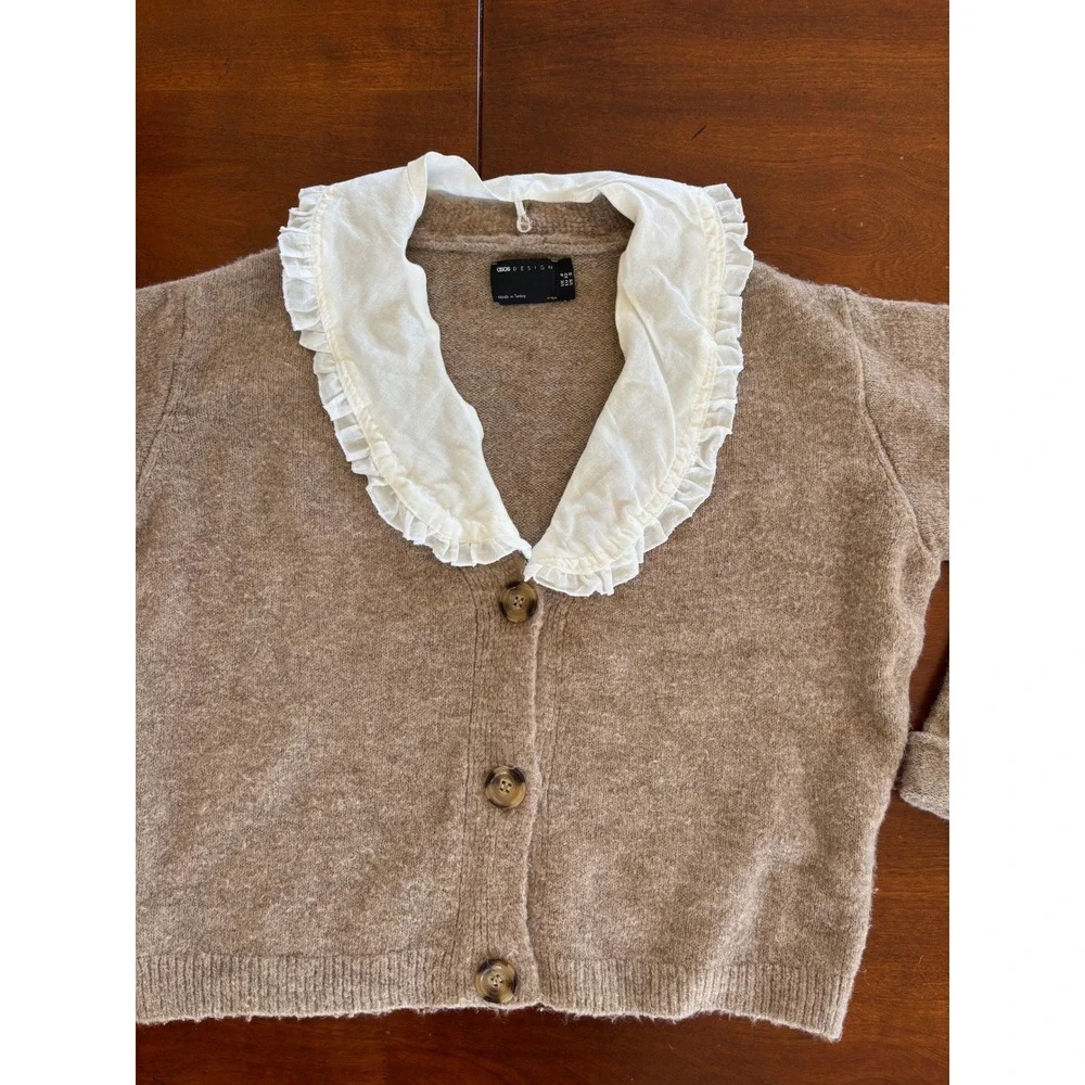 ASOS DESIGN Womens Brown Knit Cardigan Ruffle Collar‎ Sweater Oversized XS - Picture 5 of 15
